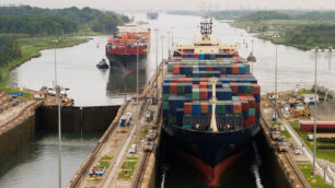 A cargo ship trying to pass through the Panama Canal
