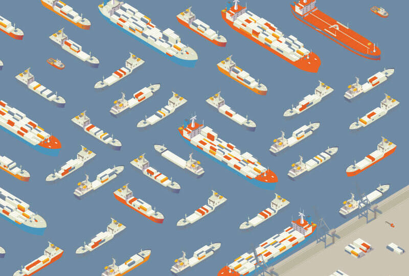 Cargo ships crowded in an ocean port