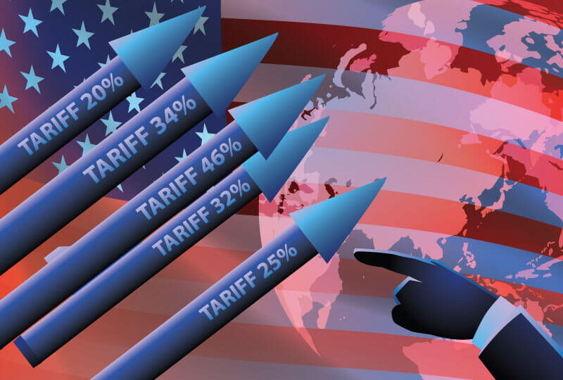 Fireworks with different tarif rates with the American flag in the background and someone pointing to the fireworks