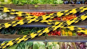 Produce with caution tape that with the word 'tariffs' on it
