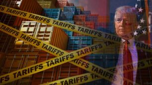 President Trump in front of yellow tape and cargo containers