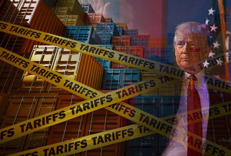 President Trump in front of yellow tape and cargo containers