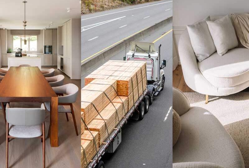 A kitchen, semi truck transporting lumber, and living room