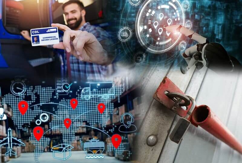 A truck driver holding their CDL, a robot hand, a map, and a locked dry van trailer